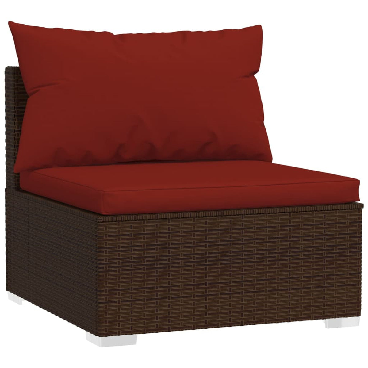3 Piece Patio Lounge Set with Red Cushions, 2 Middle Sofas and Coffee Table, Brown Poly Rattan Outdoor Sectional Sofa Set Steel Frame O7759