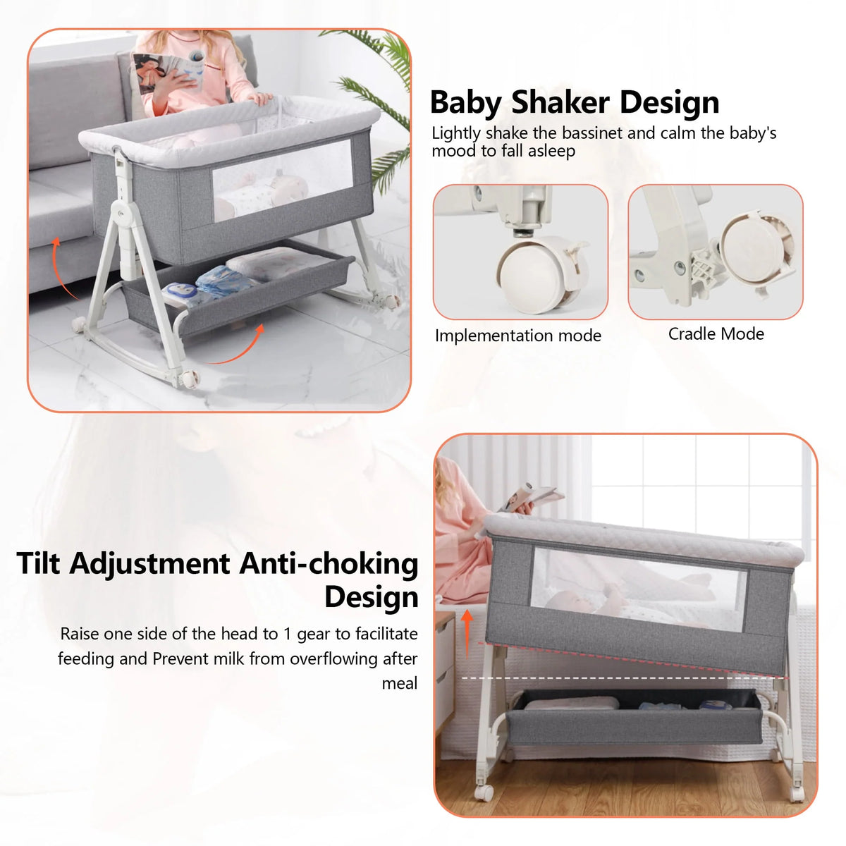 Baby Bassinet, 3 in 1 Bedside Sleeper with Storage Basket, Gray K4835