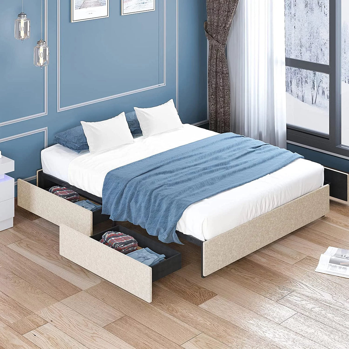 Queen Size Platform Bed Frame with 4 Drawers O72669