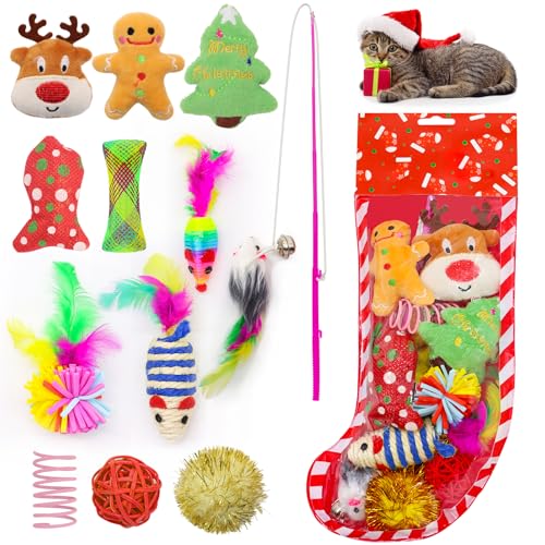 12Pcs Christmas Cat Toys Set with Catnip Plush Mice Feather Cat Wand J465548