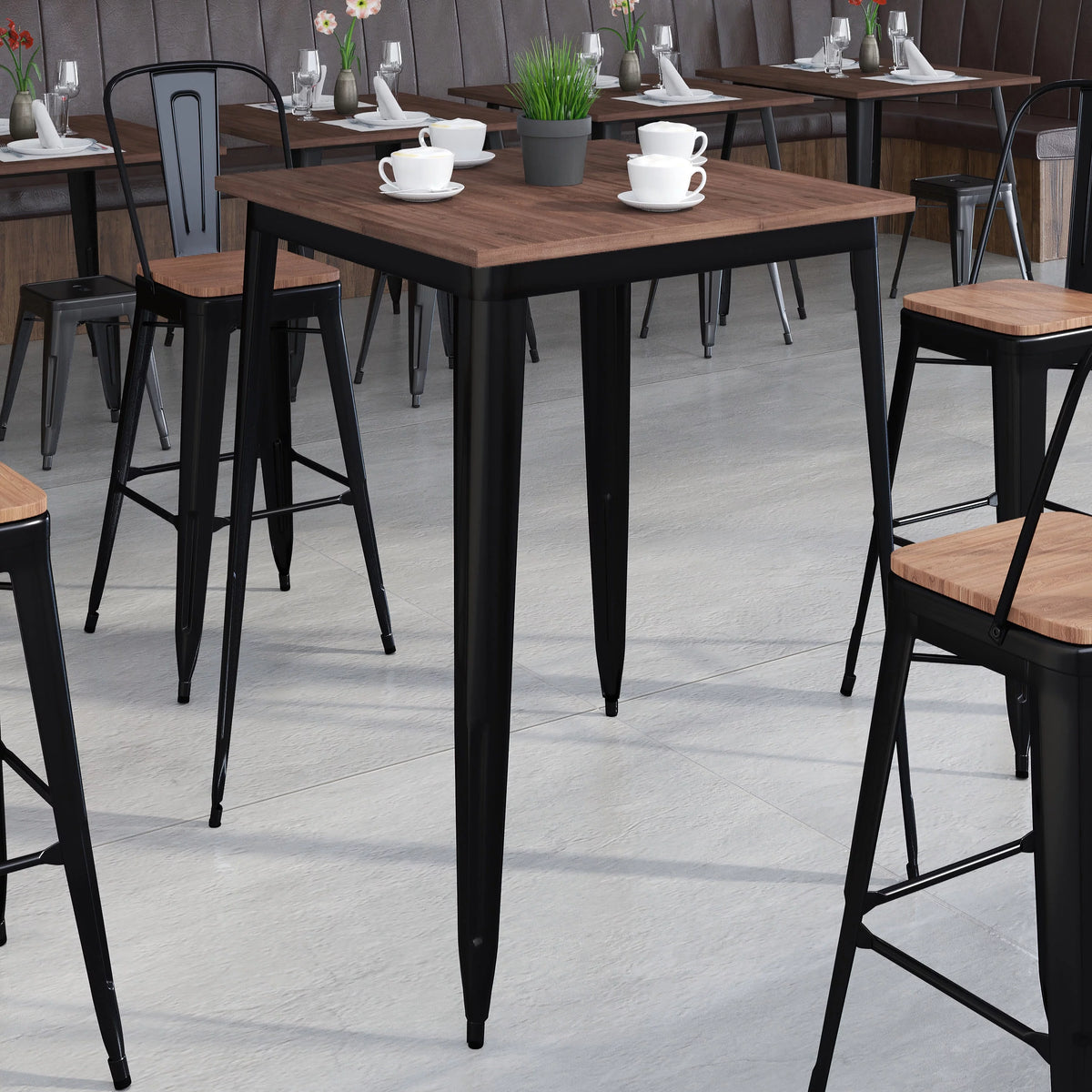 31.5" Square Black Metal Bar Height Table with Walnut Rustic Wood Top U170042