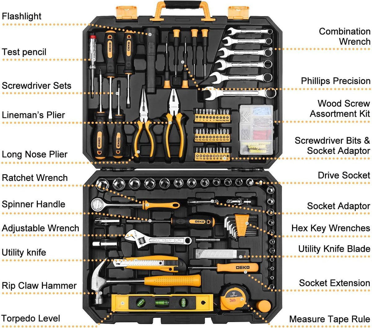 208 Piece General Household Hand Tool Kit with Plastic Toolbox Storage Case B9996