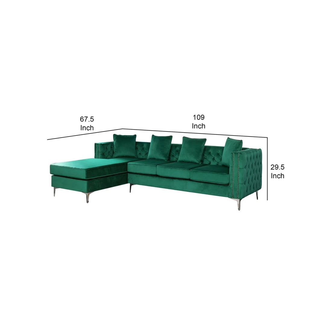 68 Inch Green Velvet Chaise Sofa with Nailhead Trim and Tufting Q945364