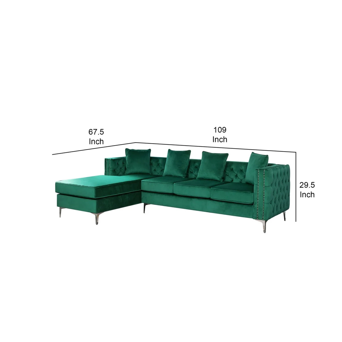 68 Inch Green Velvet Chaise Sofa with Nailhead Trim and Tufting Q945364