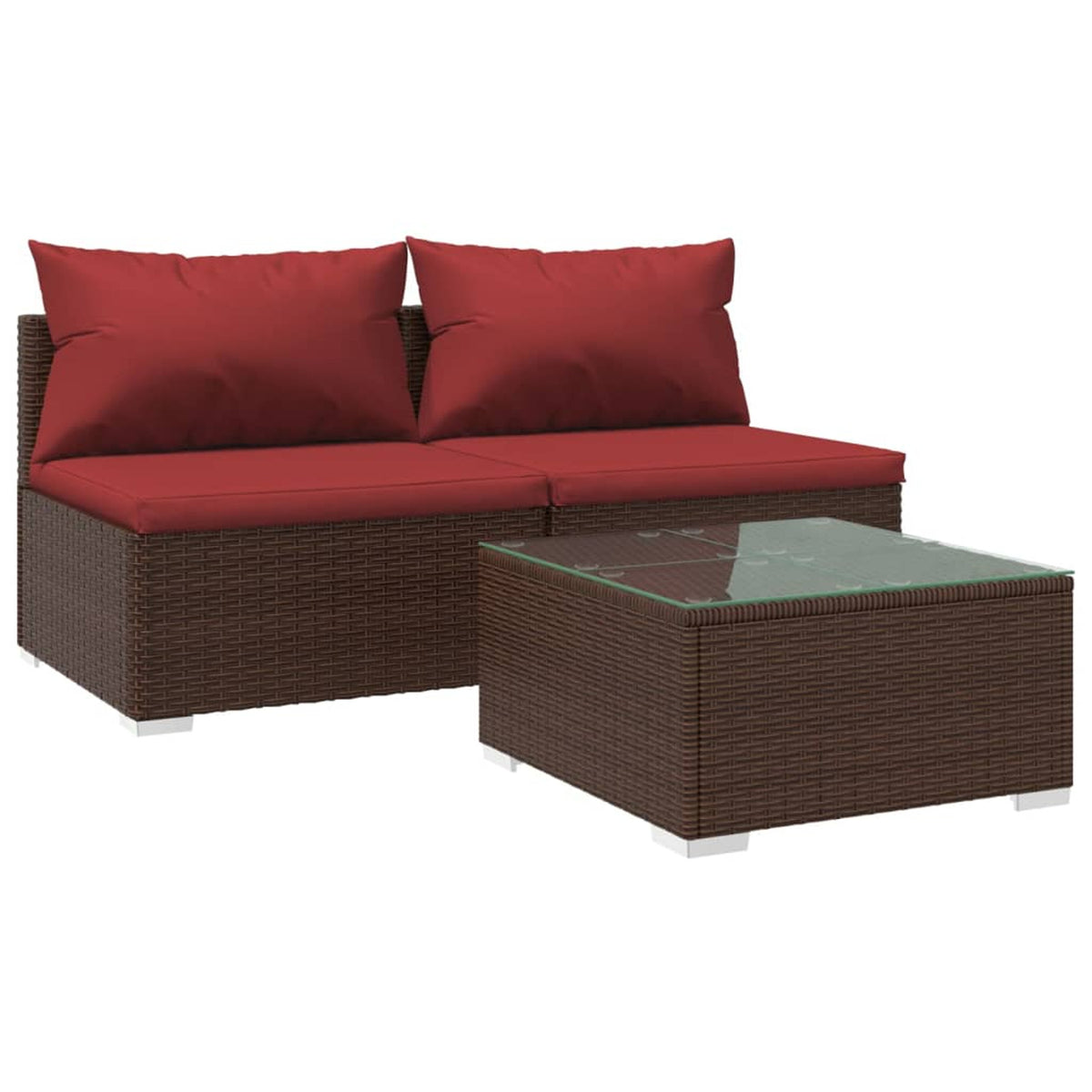 3 Piece Patio Lounge Set with Red Cushions, 2 Middle Sofas and Coffee Table, Brown Poly Rattan Outdoor Sectional Sofa Set Steel Frame O7759
