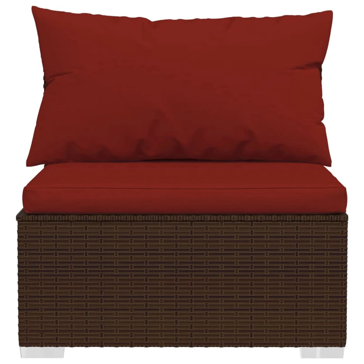 3 Piece Patio Lounge Set with Red Cushions, 2 Middle Sofas and Coffee Table, Brown Poly Rattan Outdoor Sectional Sofa Set Steel Frame O7759
