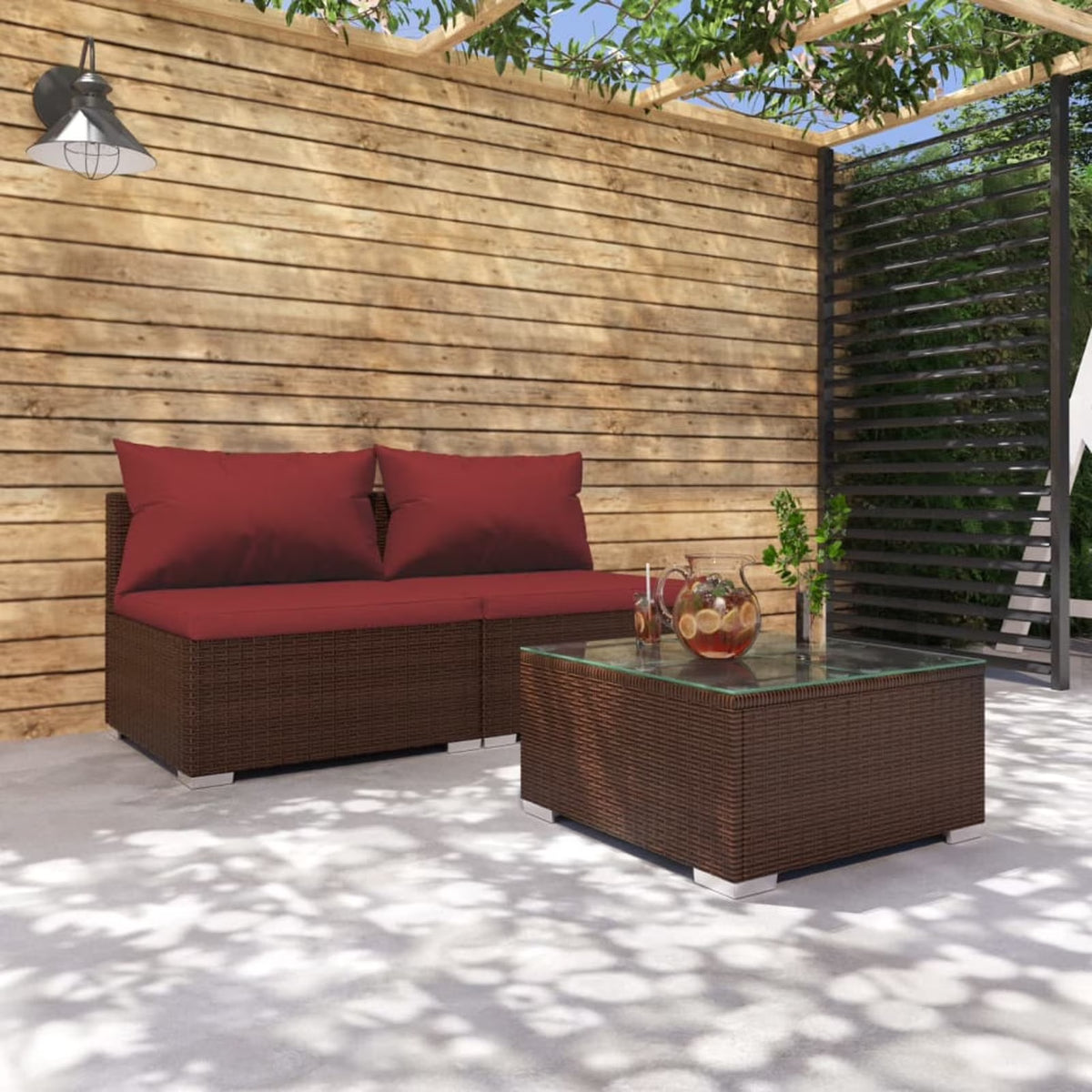 3 Piece Patio Lounge Set with Red Cushions, 2 Middle Sofas and Coffee Table, Brown Poly Rattan Outdoor Sectional Sofa Set Steel Frame O7759