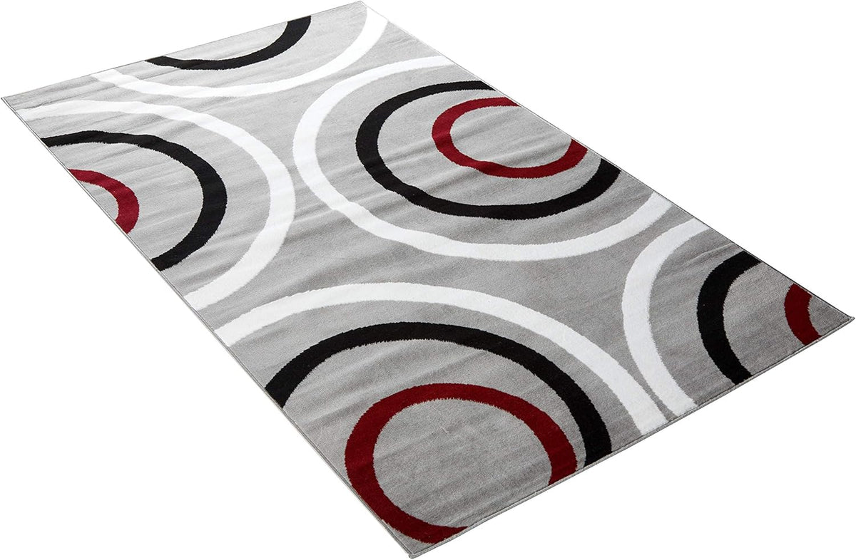 Gray White Black Red Circles Rug, Pack of 2 C574