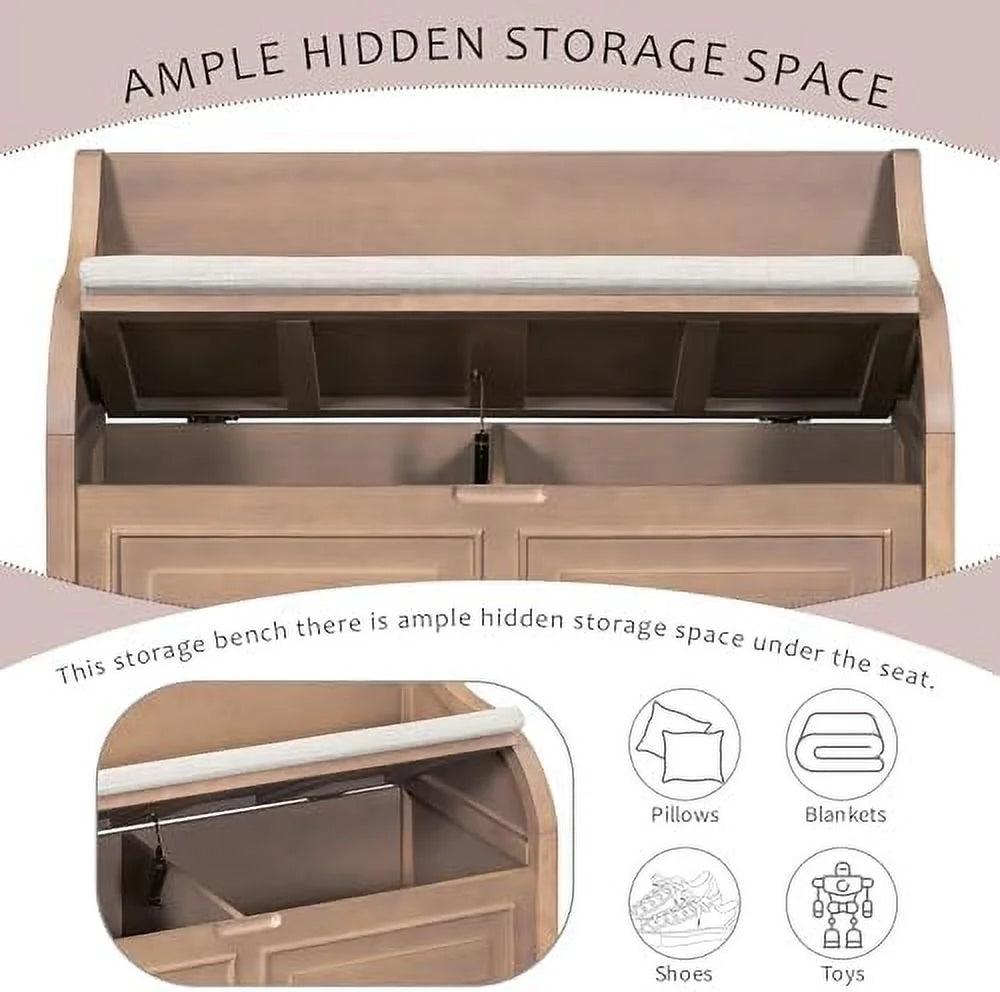 Rustic Multifunctional Bench with Removable Cushion and Hidden Storage I64737