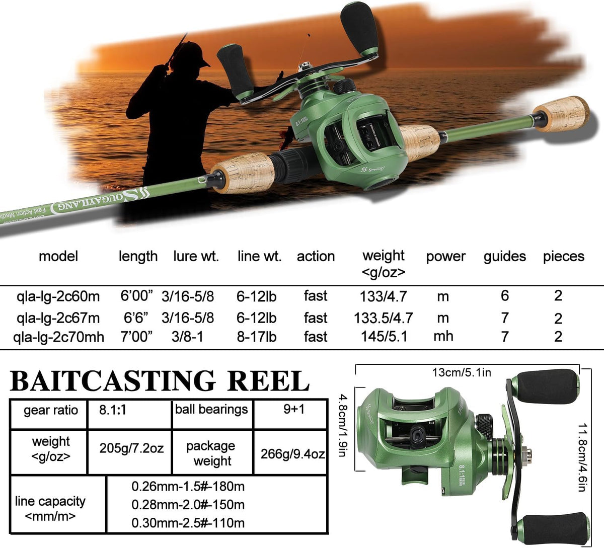 Graphite 2Pc Fishing Rod Reel Combos with Stainless Steel Guides J160