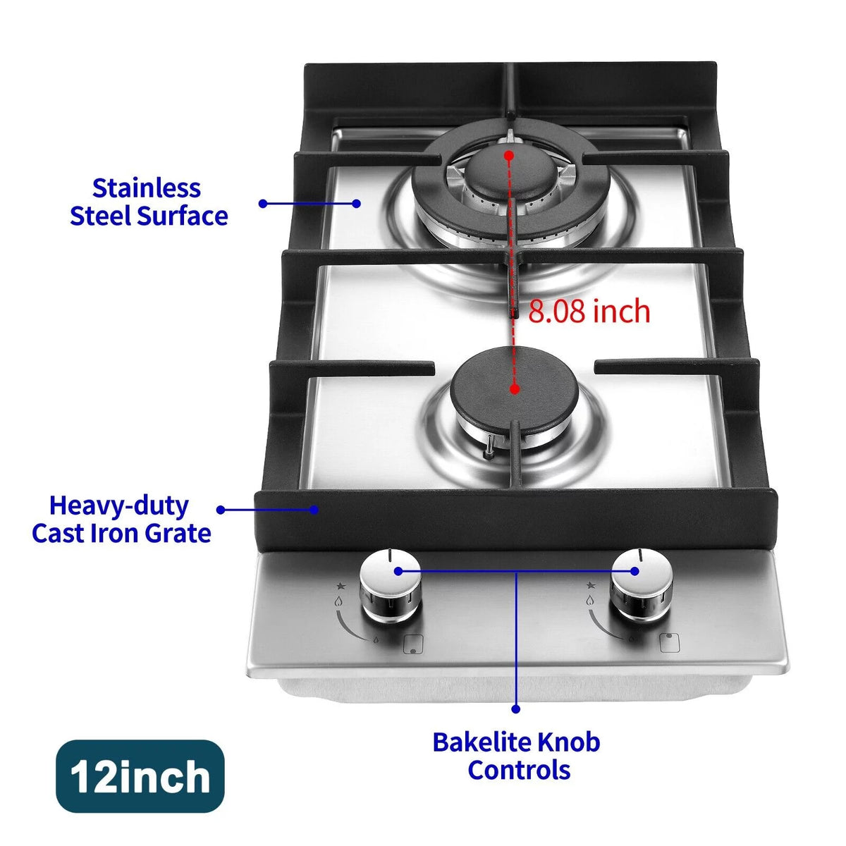 2-Burner 12inch Stainless Steel Gas Cooktop N392396