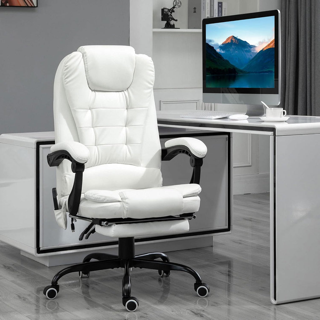 White PU Leather High Back Reclining Office Chair with Massage Foot Rest Heated I9489