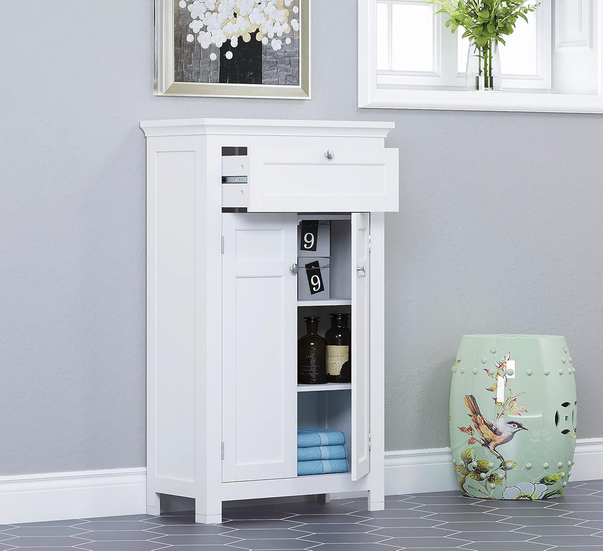 Freestanding Bathroom Cabinet with Drawer and Adjustable Shelf, White F8245