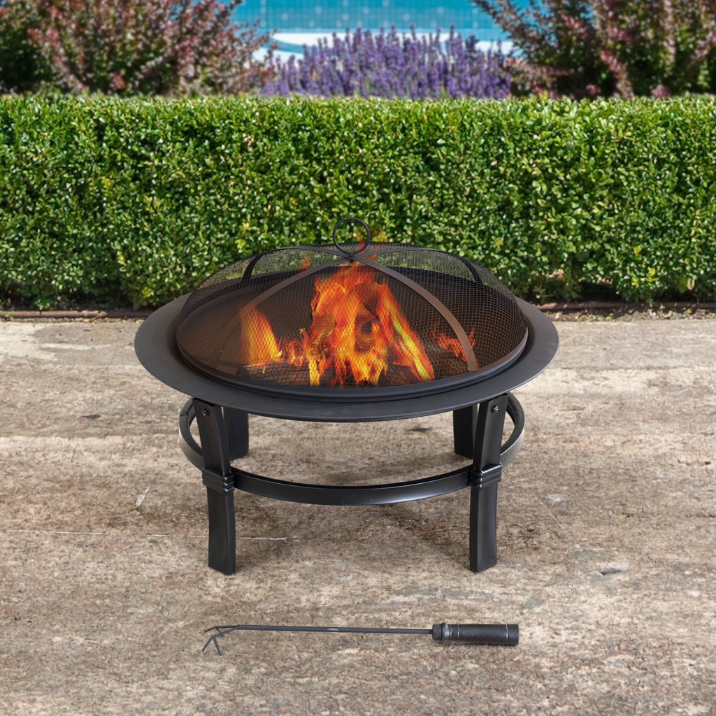 Black Steel Outdoor Fire Pit with Spark Screen and Fire Poker M4834