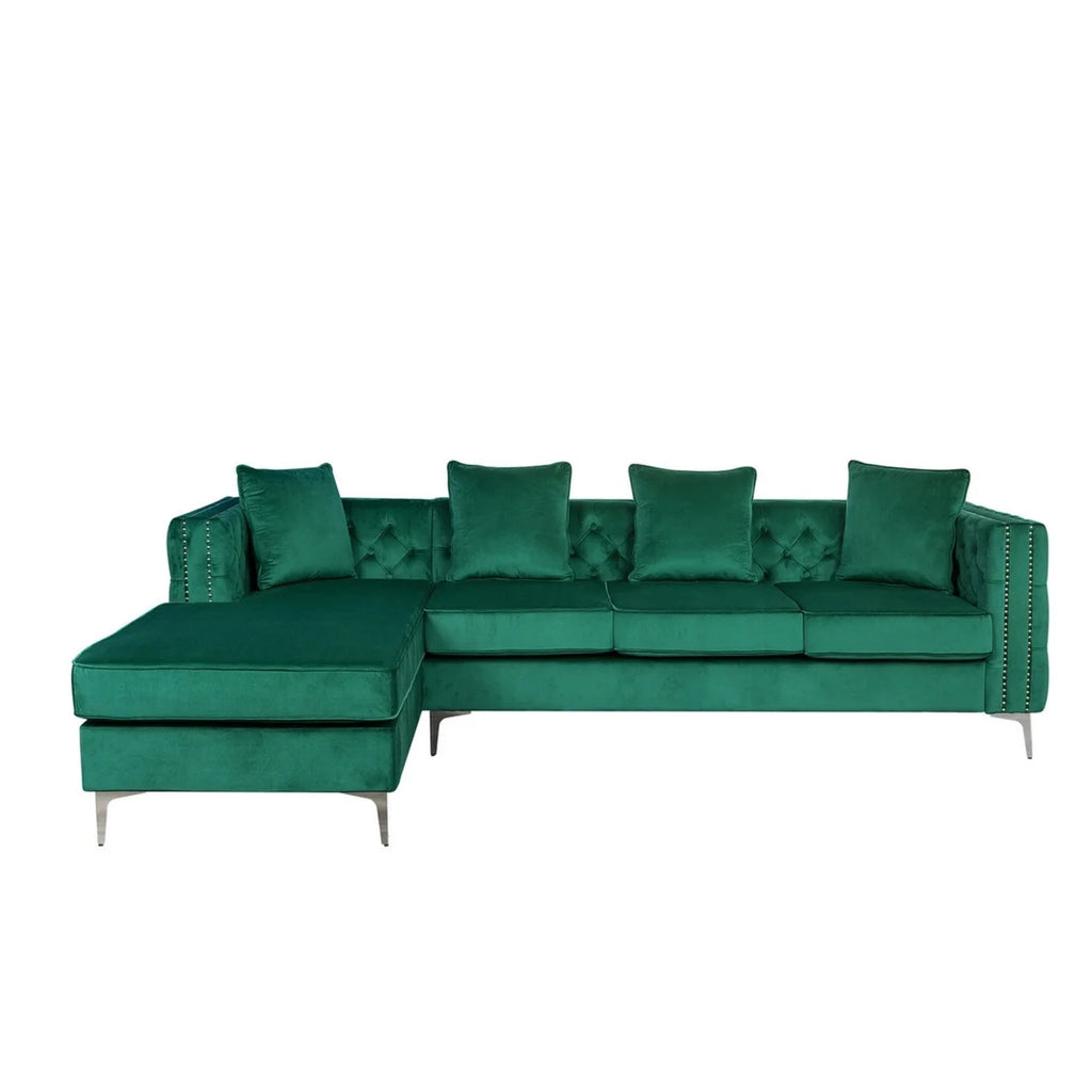 68 Inch Green Velvet Chaise Sofa with Nailhead Trim and Tufting Q945364