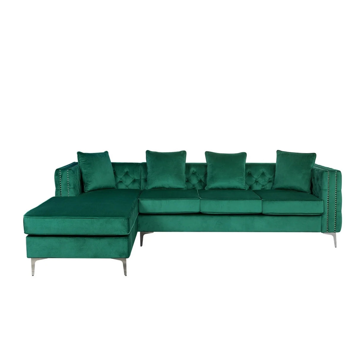 68 Inch Green Velvet Chaise Sofa with Nailhead Trim and Tufting Q945364