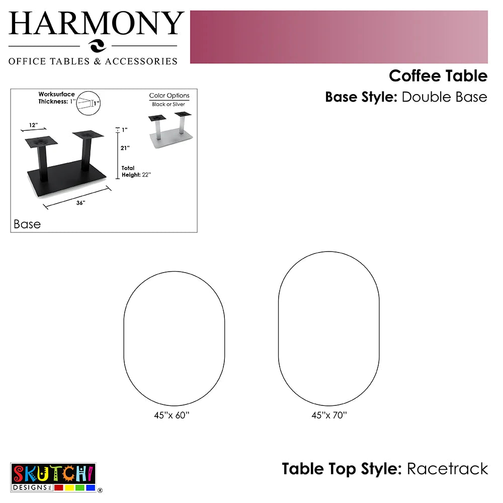 Racetrack Shaped Coffee Table with Double Post Metal Base 45x70 O882