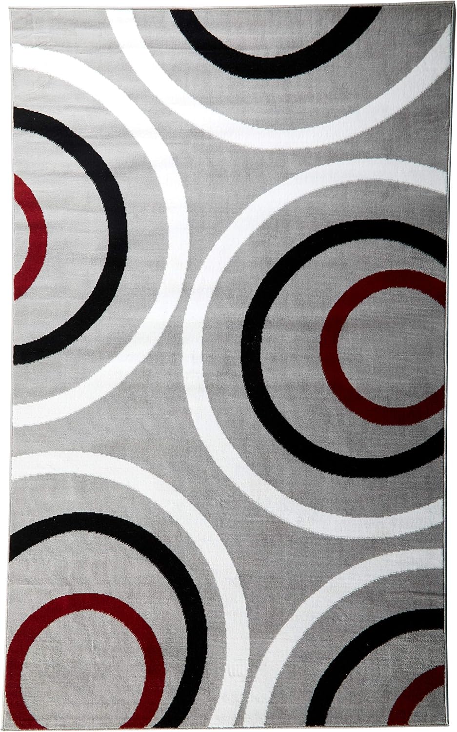 Gray White Black Red Circles Rug, Pack of 2 C574