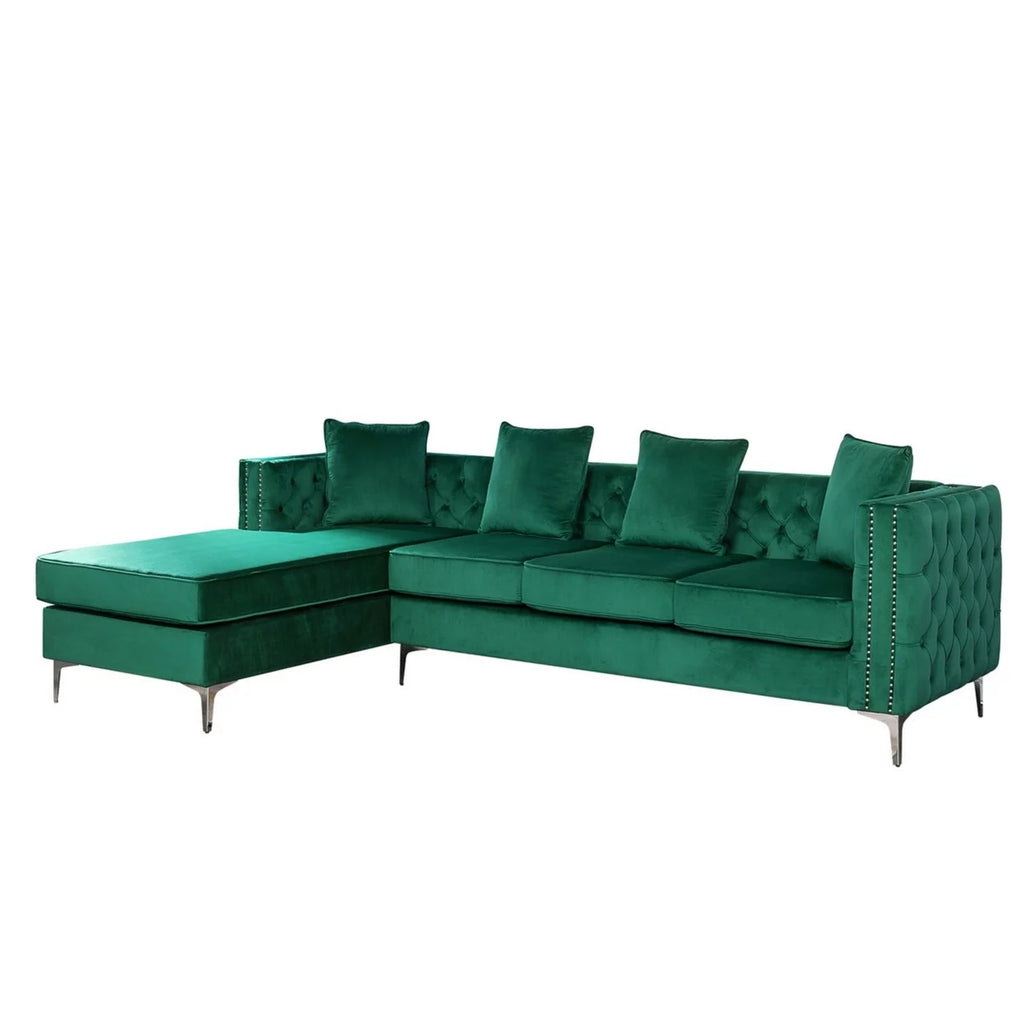 68 Inch Green Velvet Chaise Sofa with Nailhead Trim and Tufting Q945364