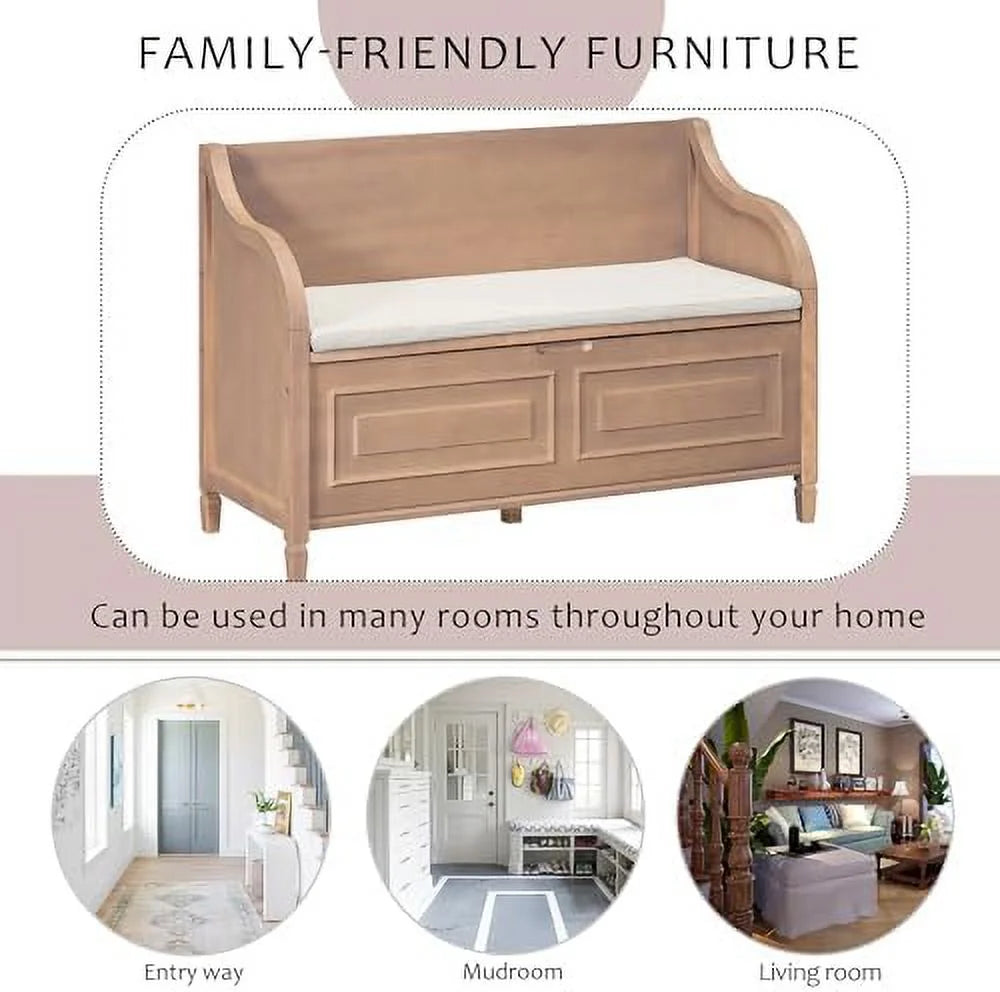 Rustic Multifunctional Bench with Removable Cushion and Hidden Storage I64737