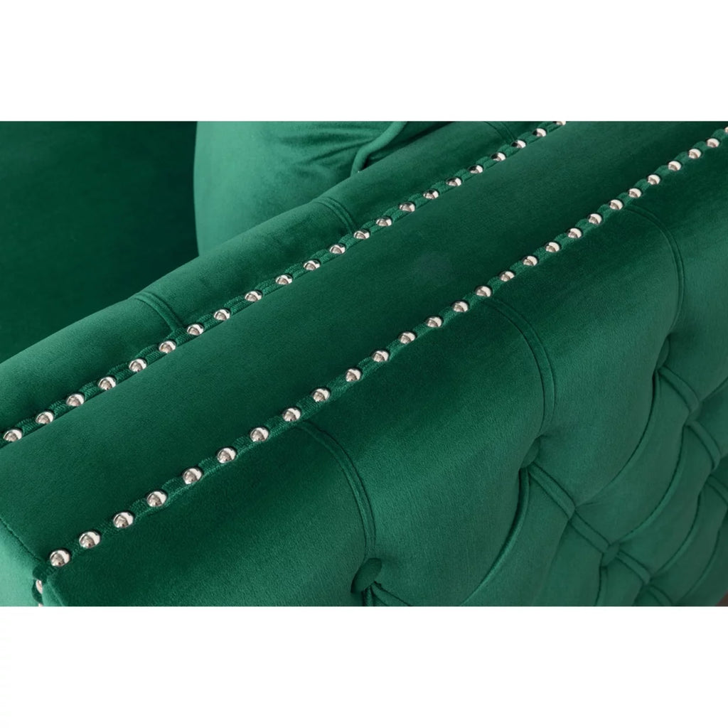 68 Inch Green Velvet Chaise Sofa with Nailhead Trim and Tufting Q945364