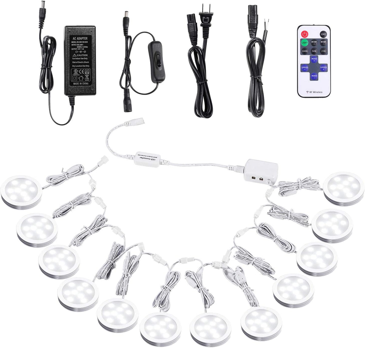 12V Dimmable LED Puck Lights with Wireless RF Remote Control, Hardwired & Wall Plug in, Daylight White, 12 Lights Kit D168