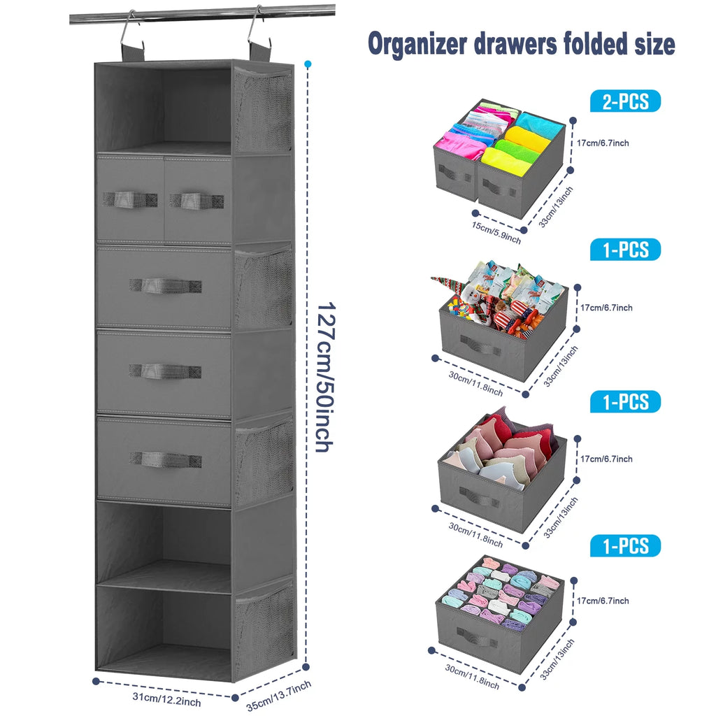 7-Shelves Hanging Closet Organizer with 5 Drawers and 8 Mesh Pockets, Gray S8142