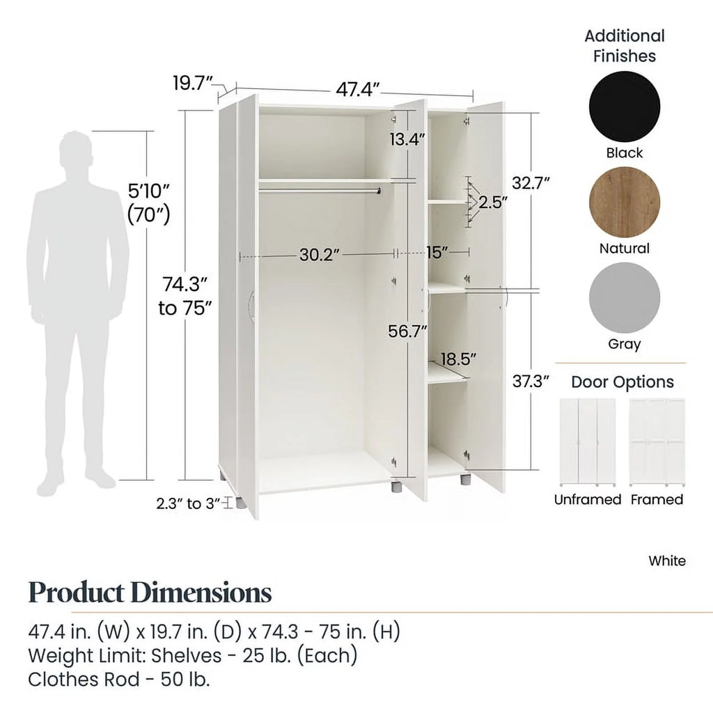3 Door Wardrobe with Clothing Rod in White B794291