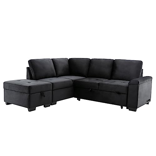 Navy Blue L Shaped Sofa Bed with Pillows and USB Ports H523