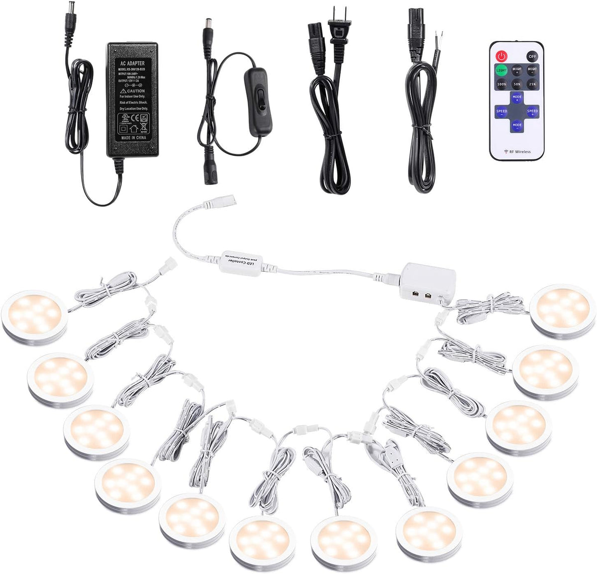 12V Dimmable LED Puck Lights with Wireless RF Remote Control, Hardwired & Wall Plug in, Daylight White, 12 Lights Kit D168