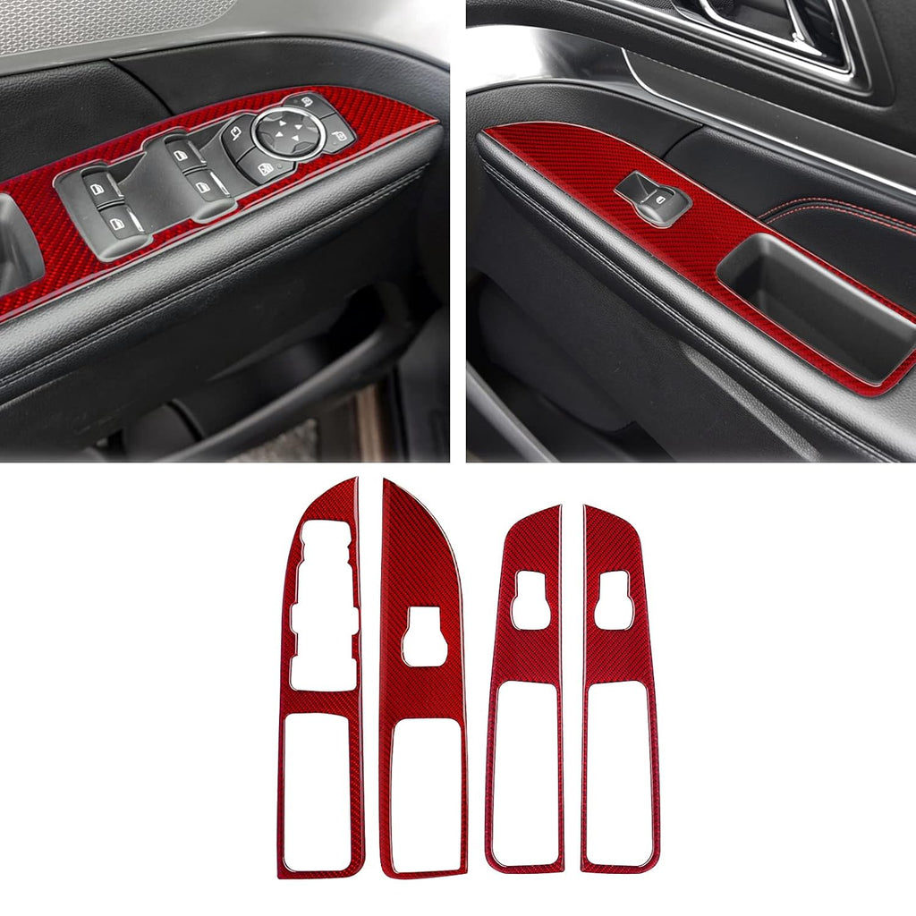Carbon Fiber Door Window Lift Control Panel Cover Trim Sticker (Red) Pack of 2 B7704