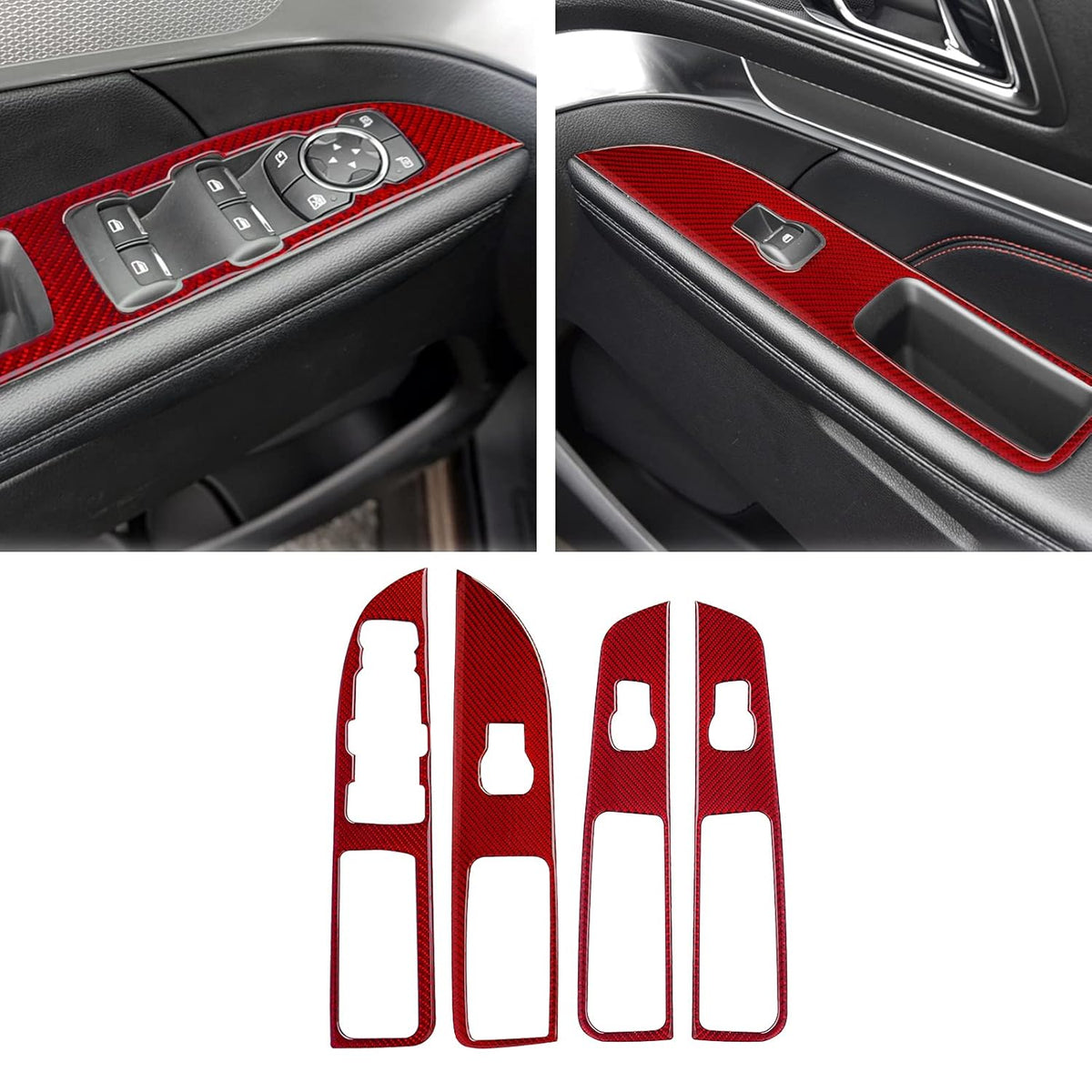Carbon Fiber Door Window Lift Control Panel Cover Trim Sticker (Red) Pack of 2 B7704