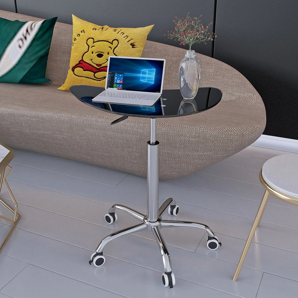 Adjustable Height Black Tempered Glass Table Desk with Lockable Wheels P789