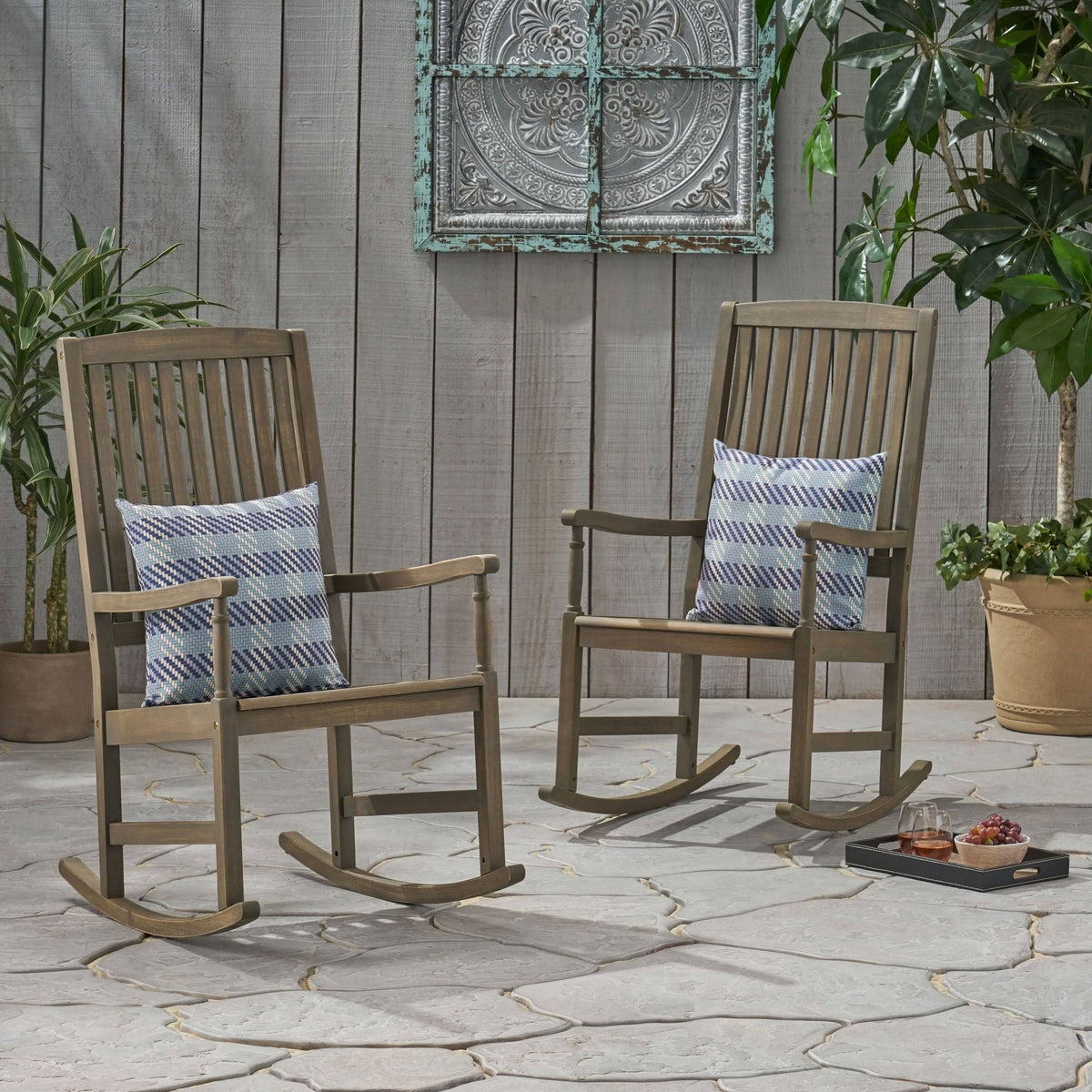 2pk Acacia Wood Rocking Chair Gray V3489